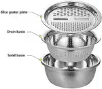 3 in 1 Stainless Steel Basin with Grater, Slicer, Colander, Drain Basket and Salad Maker Bowl
