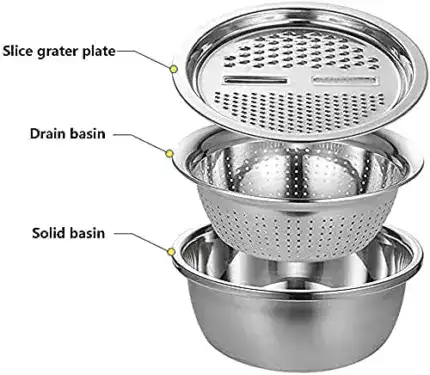3 in 1 Stainless Steel Basin with Grater, Slicer, Colander, Drain Basket and Salad Maker Bowl